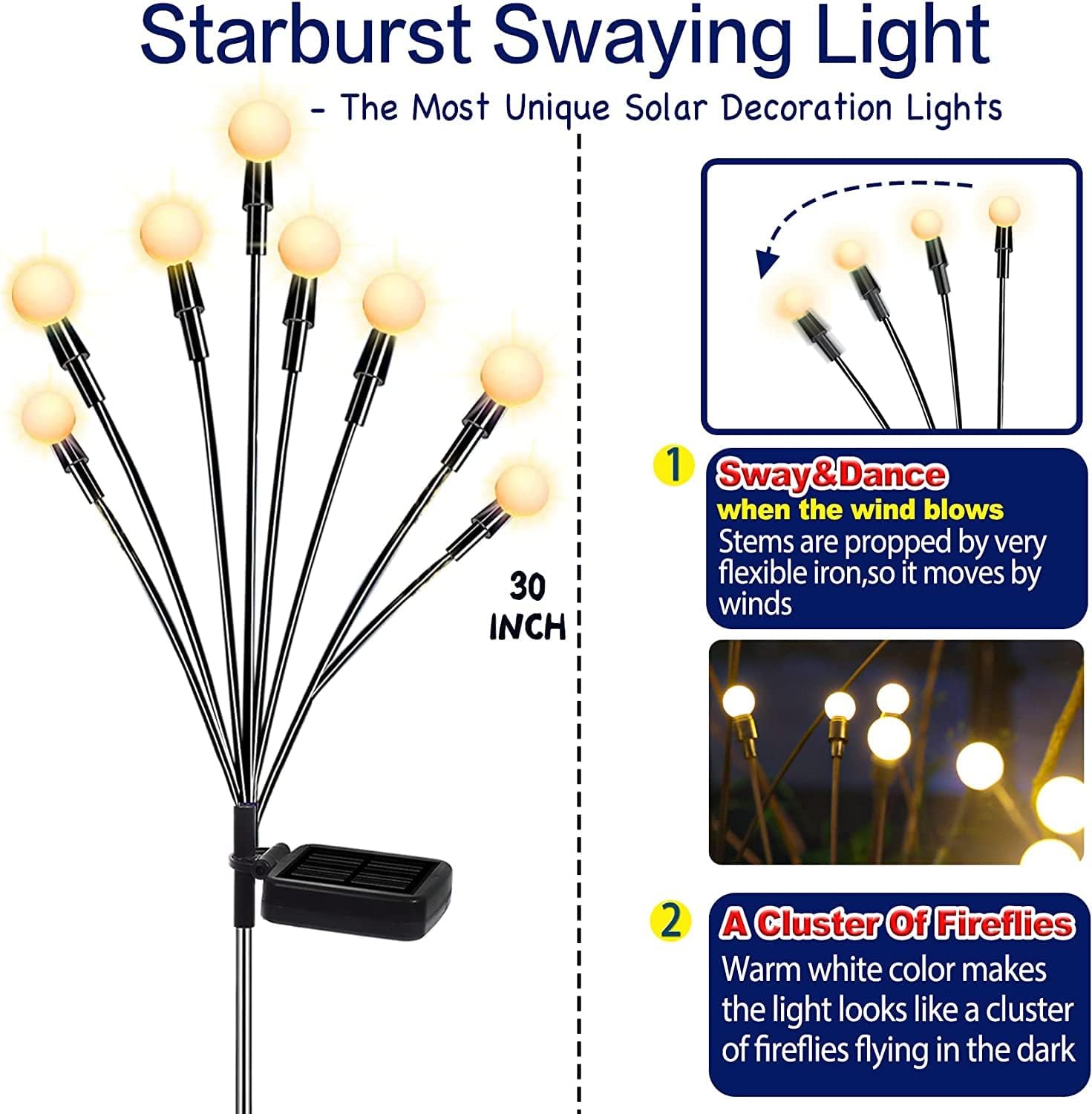 TONULAX Solar Garden Lights - New Upgraded Solar Swaying Light, Sway by Wind, Solar Outdoor Lights, Yard Patio Pathway Decoration, High Flexibility Iron Wire & Heavy Bulb Base, Warm White(2 Pack) - Image 2